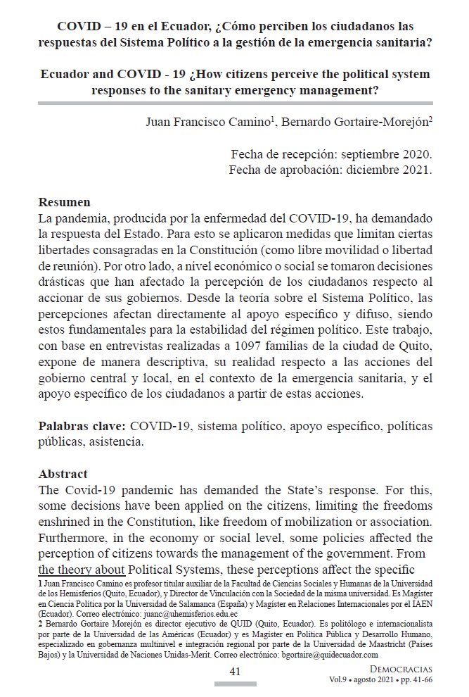 Cover of Covid-19 en el Ecuador, ¿Cómo perciben los ciudadanos las respuestas del Sistema Político a la gestión de la emergencia sanitaria?